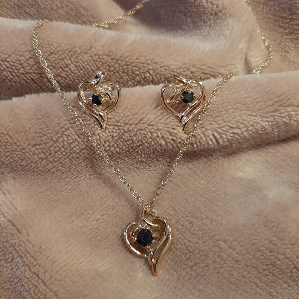 Gold Dainty Heart Earrings and Necklace with Minimalist Black Diamonds